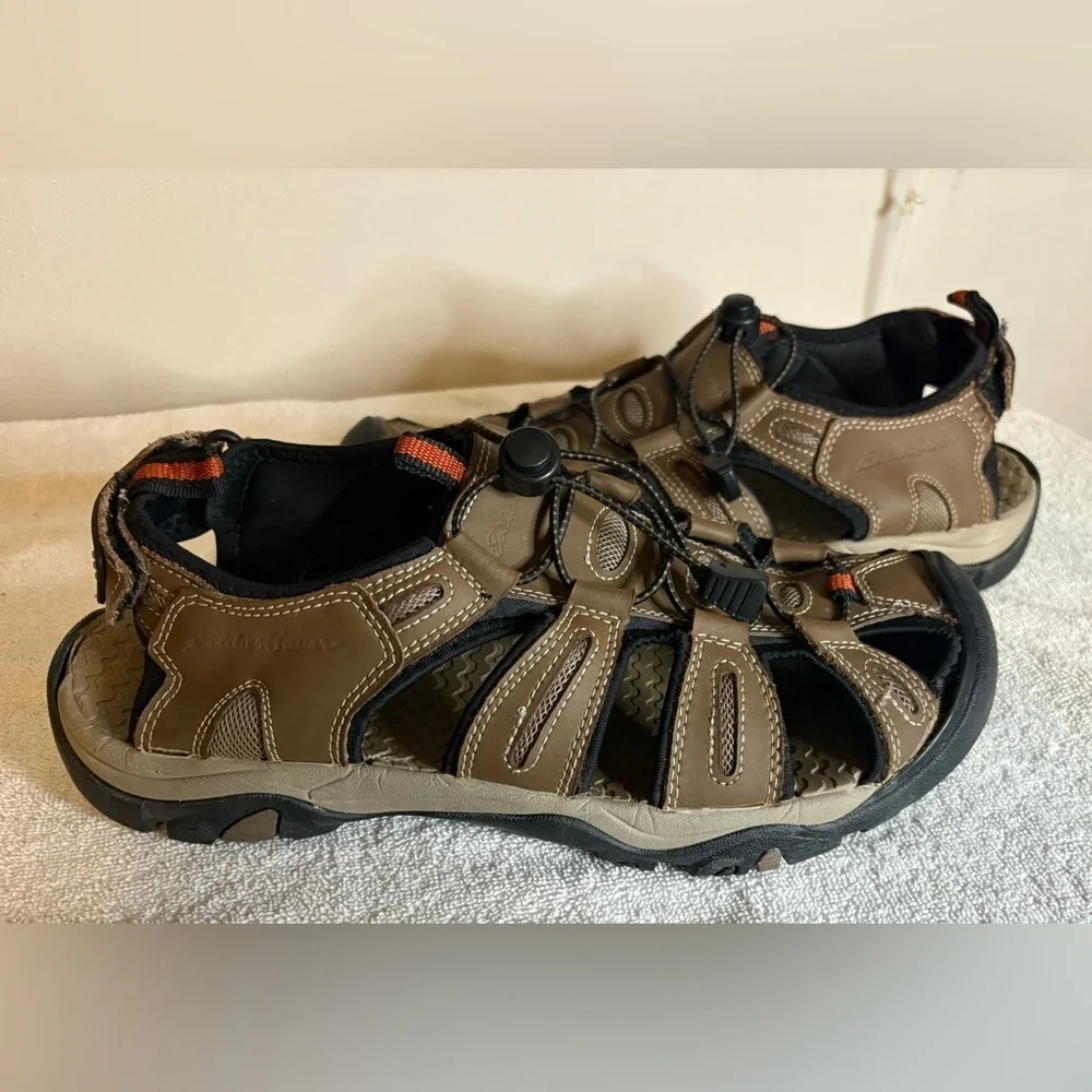 Eddie Bauer Tommy Leather Sandals Men Size 11 Bump Toe Hiking Brown Bungee Strap